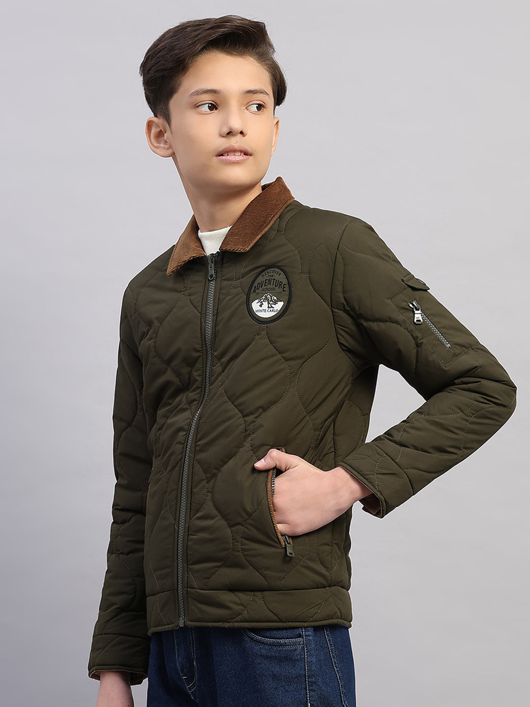Boys Olive Solid Collar Full Sleeve Reversible Shacket