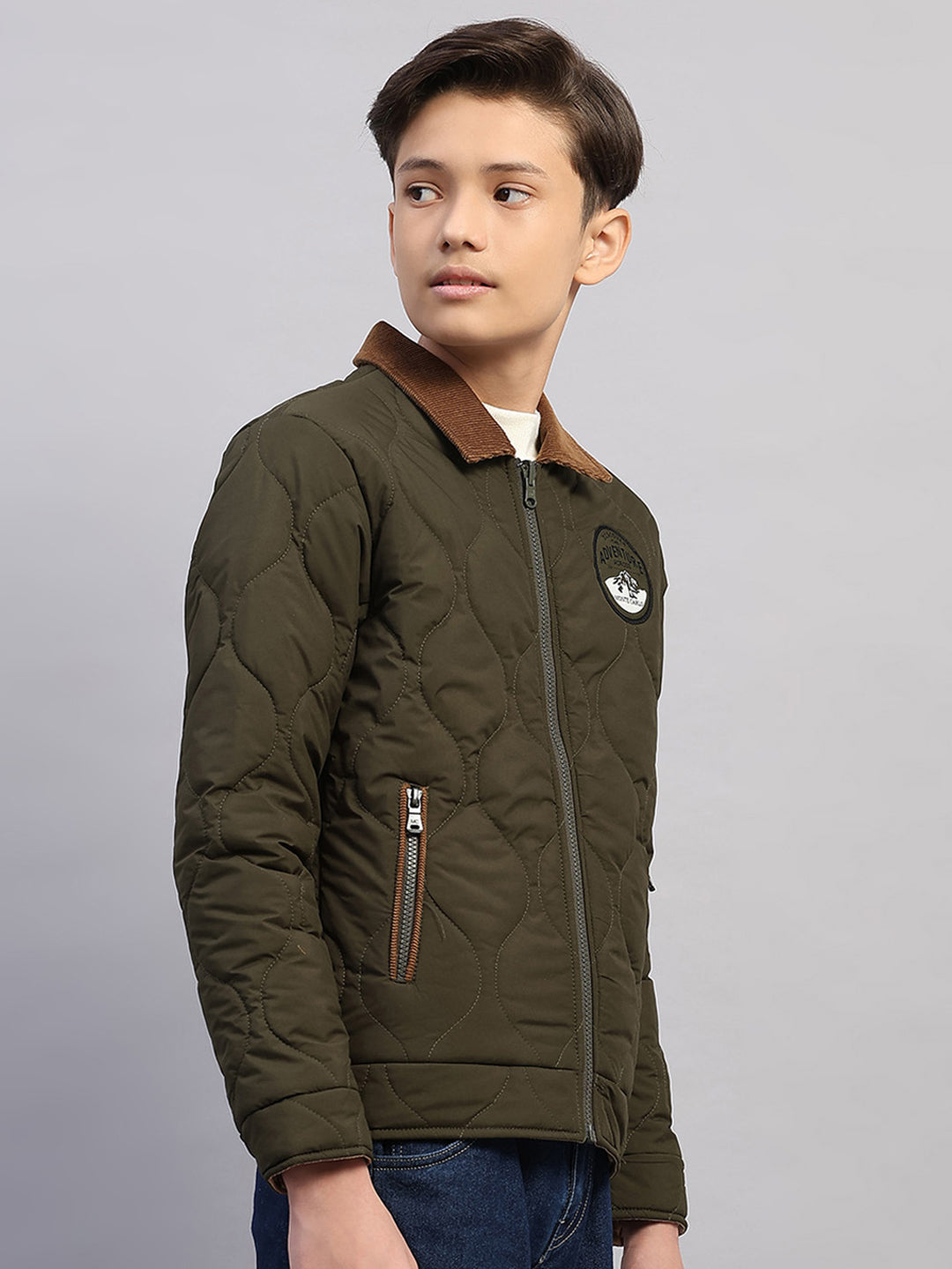 Boys Olive Solid Collar Full Sleeve Reversible Shacket
