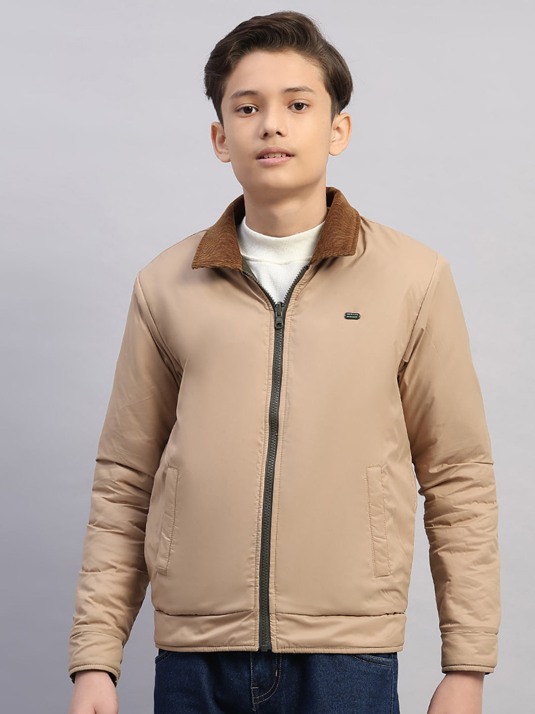 Boys Olive Solid Collar Full Sleeve Reversible Shacket