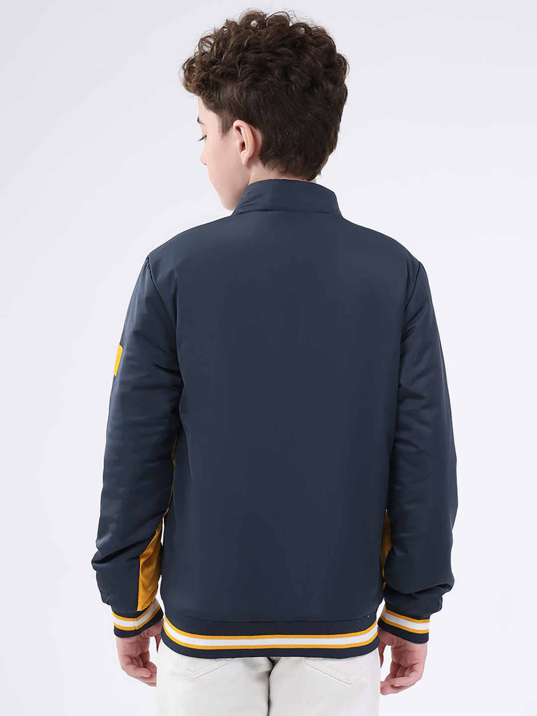 Boys Navy Blue Printed Mock Neck Full Sleeve Jacket