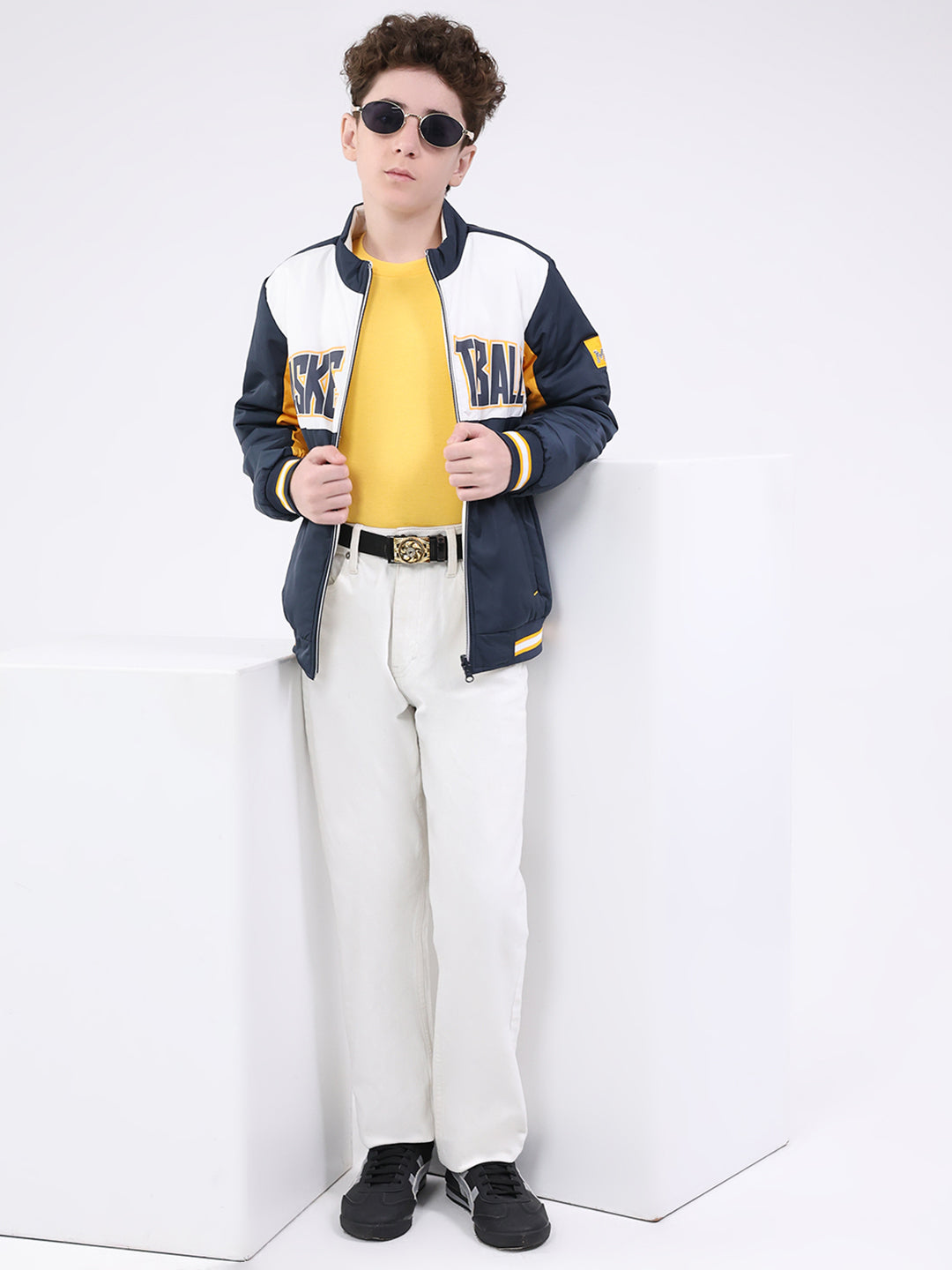 Boys Navy Blue Printed Mock Neck Full Sleeve Jacket