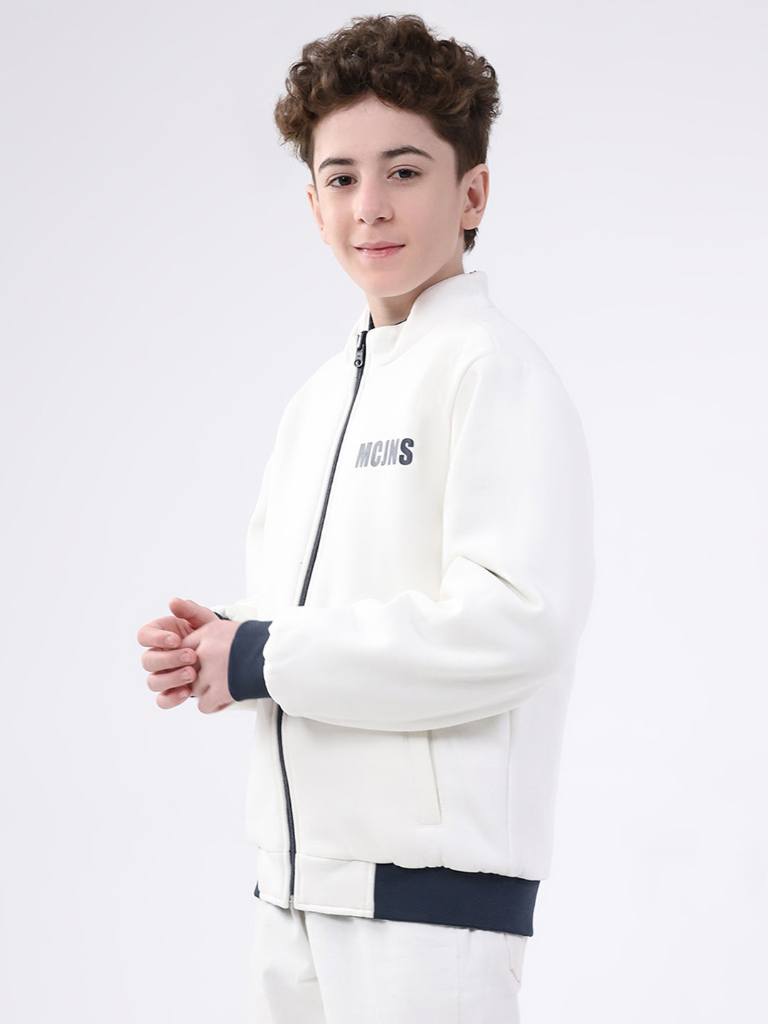 Boys Navy Blue Printed Mock Neck Full Sleeve Jacket