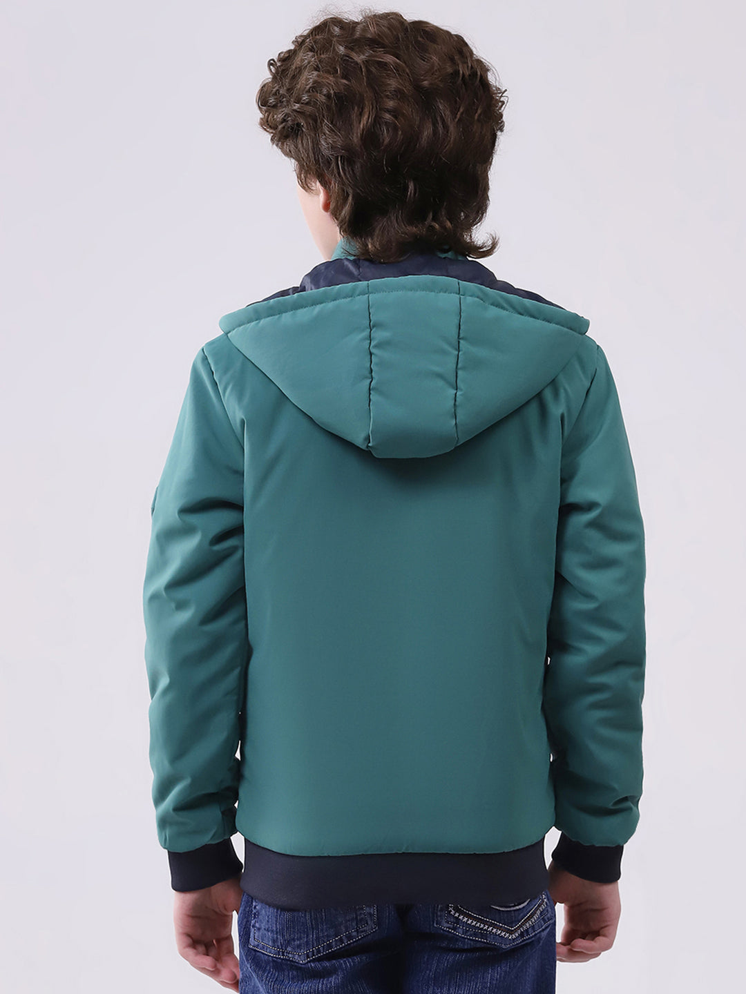 Boys Green Printed Hooded Full Sleeve Boys Reversible Jacket