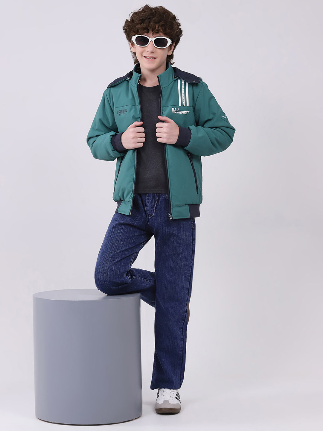 Boys Green Printed Hooded Full Sleeve Boys Reversible Jacket