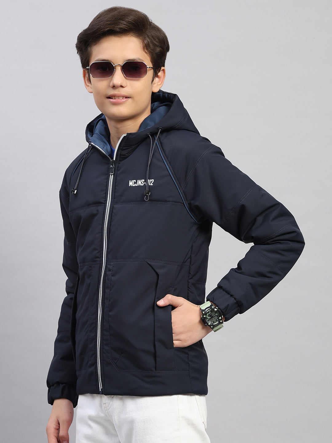 Boys Navy Blue Printed Hooded Full Sleeve Jacket