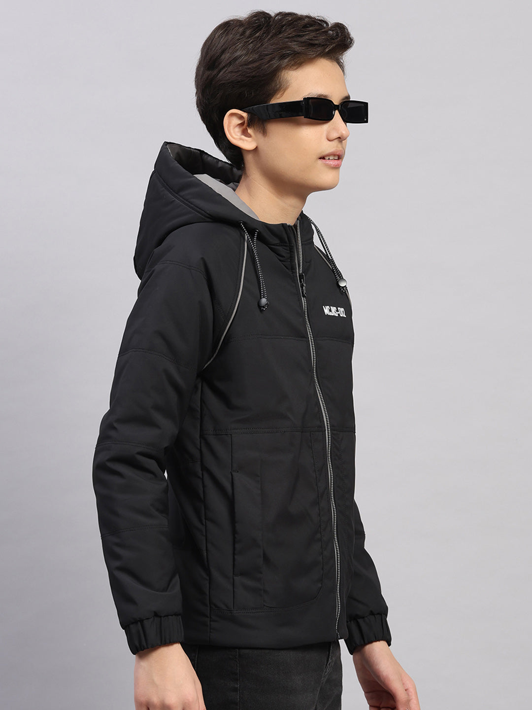 Boys Black Printed Hooded Full Sleeve Jacket