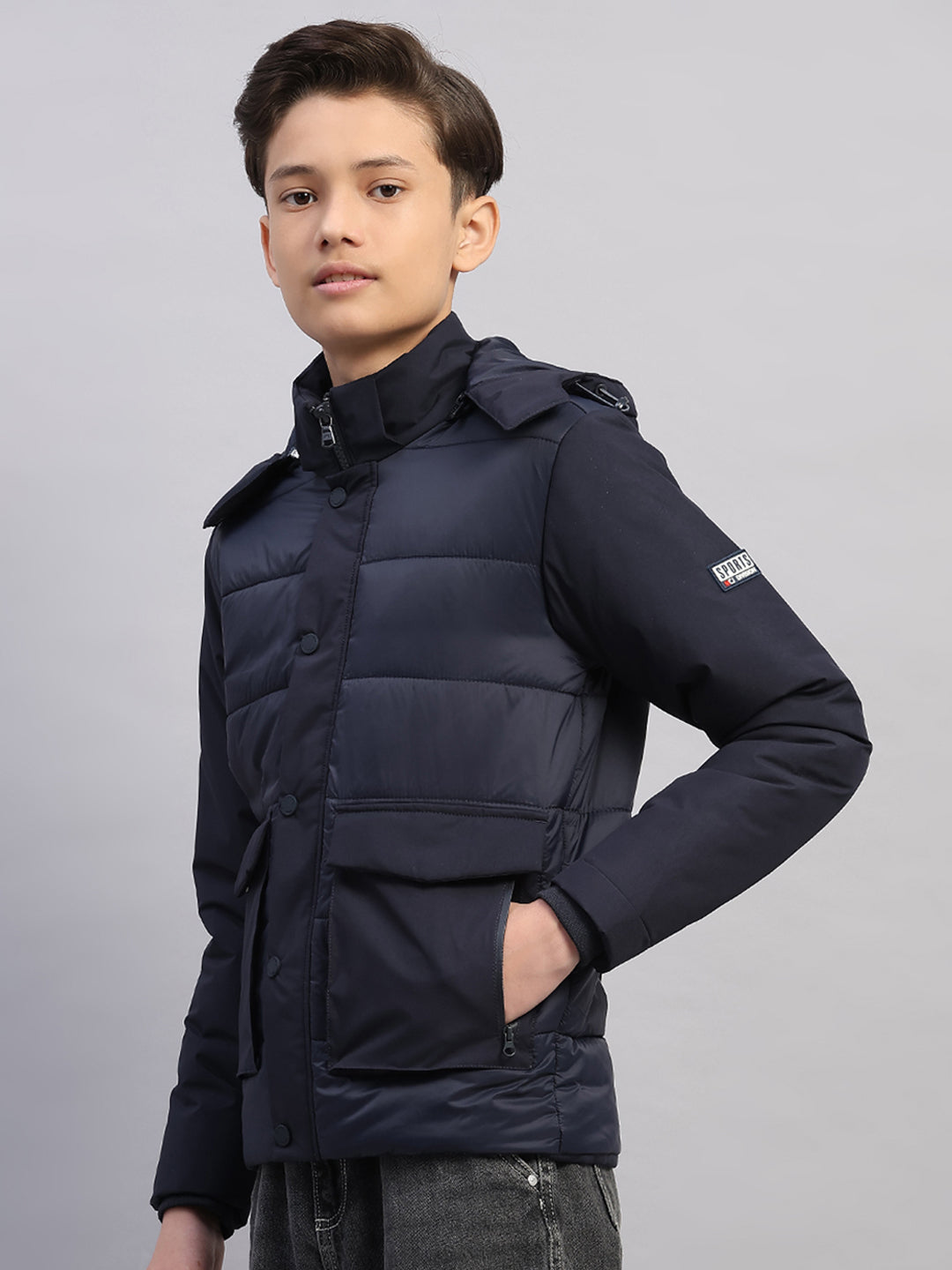 Boys Navy Blue Solid Hooded Full Sleeve Jacket