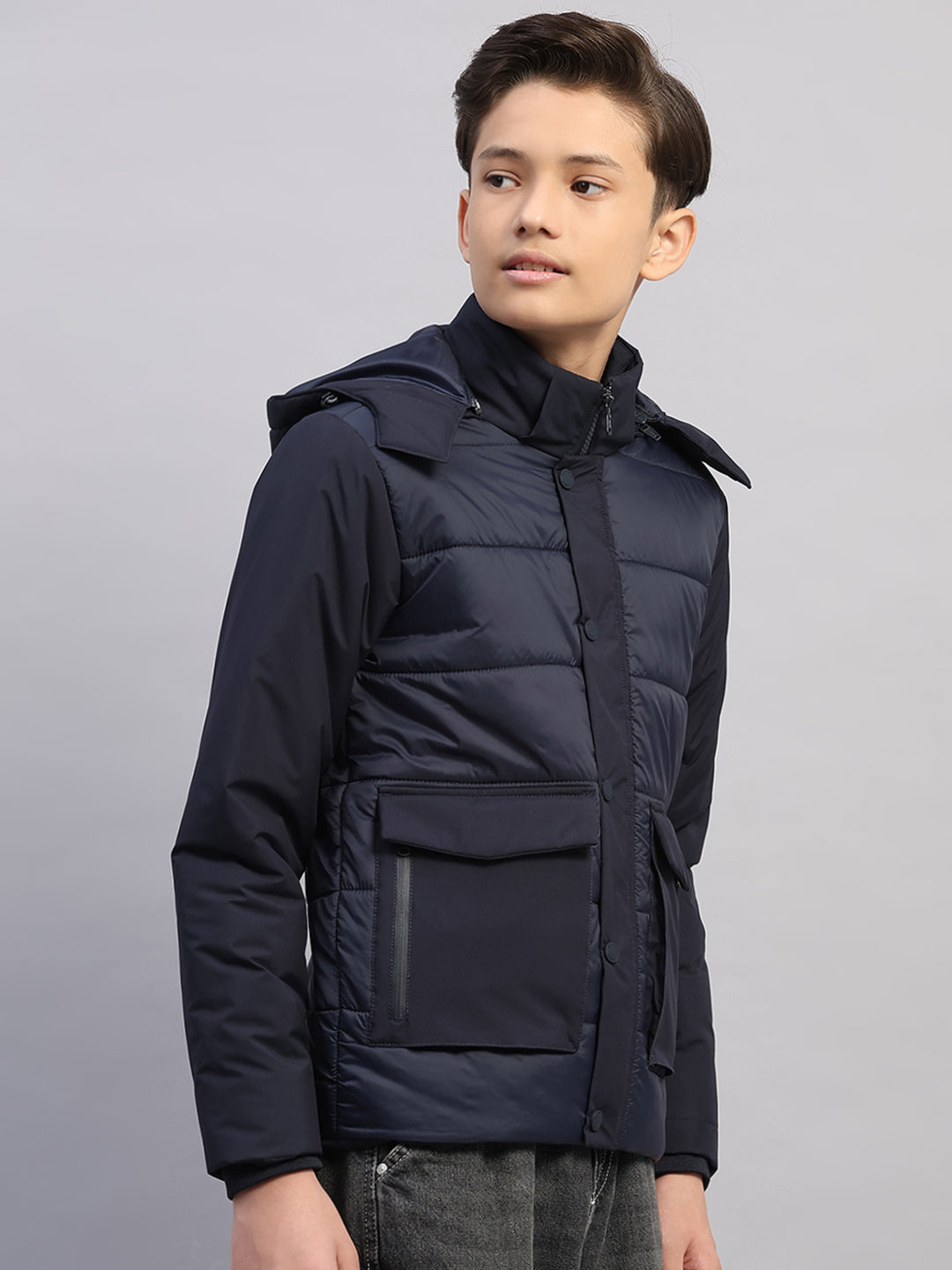 Boys Navy Blue Solid Hooded Full Sleeve Jacket