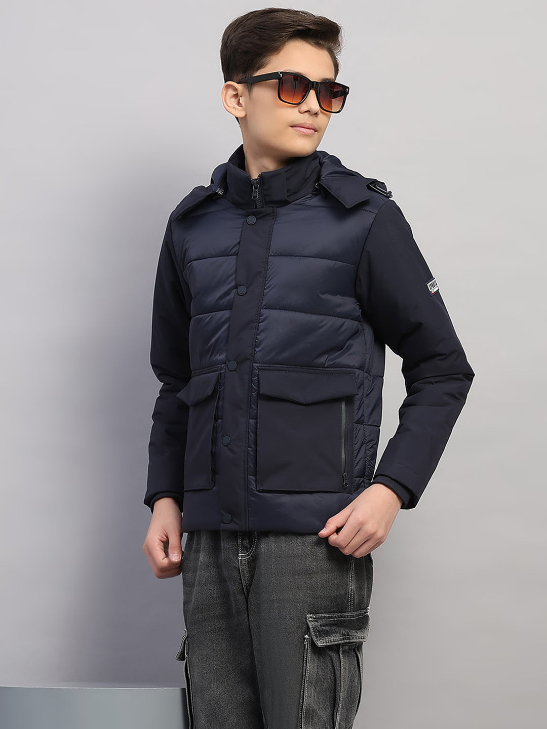Boys Navy Blue Solid Hooded Full Sleeve Jacket