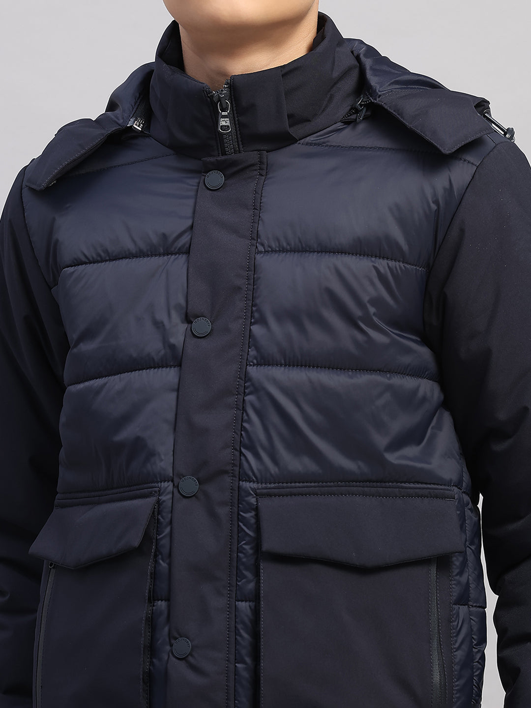 Boys Navy Blue Solid Hooded Full Sleeve Jacket
