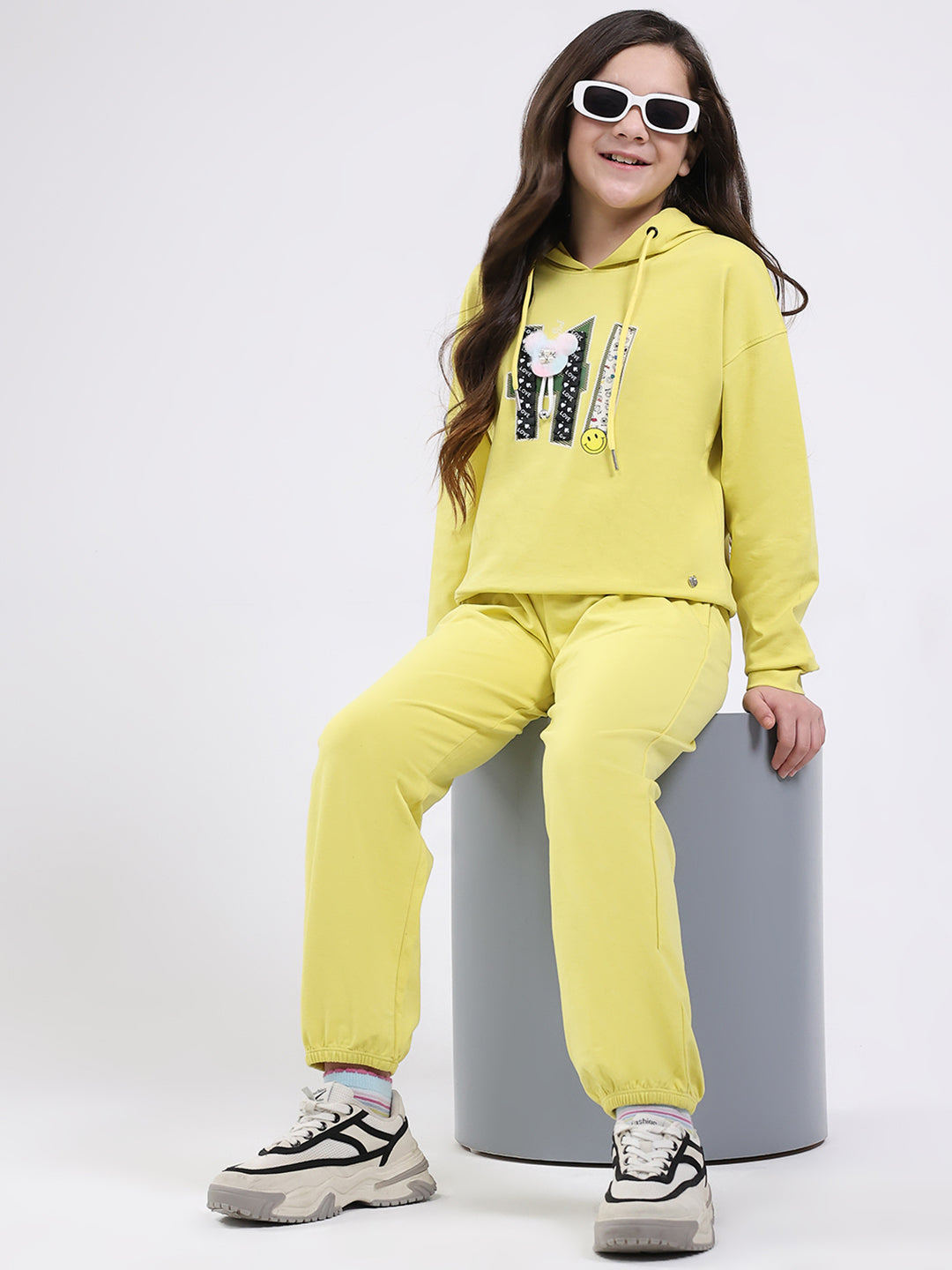 Girls Yellow Printed Hooded Full Sleeve Cords Set