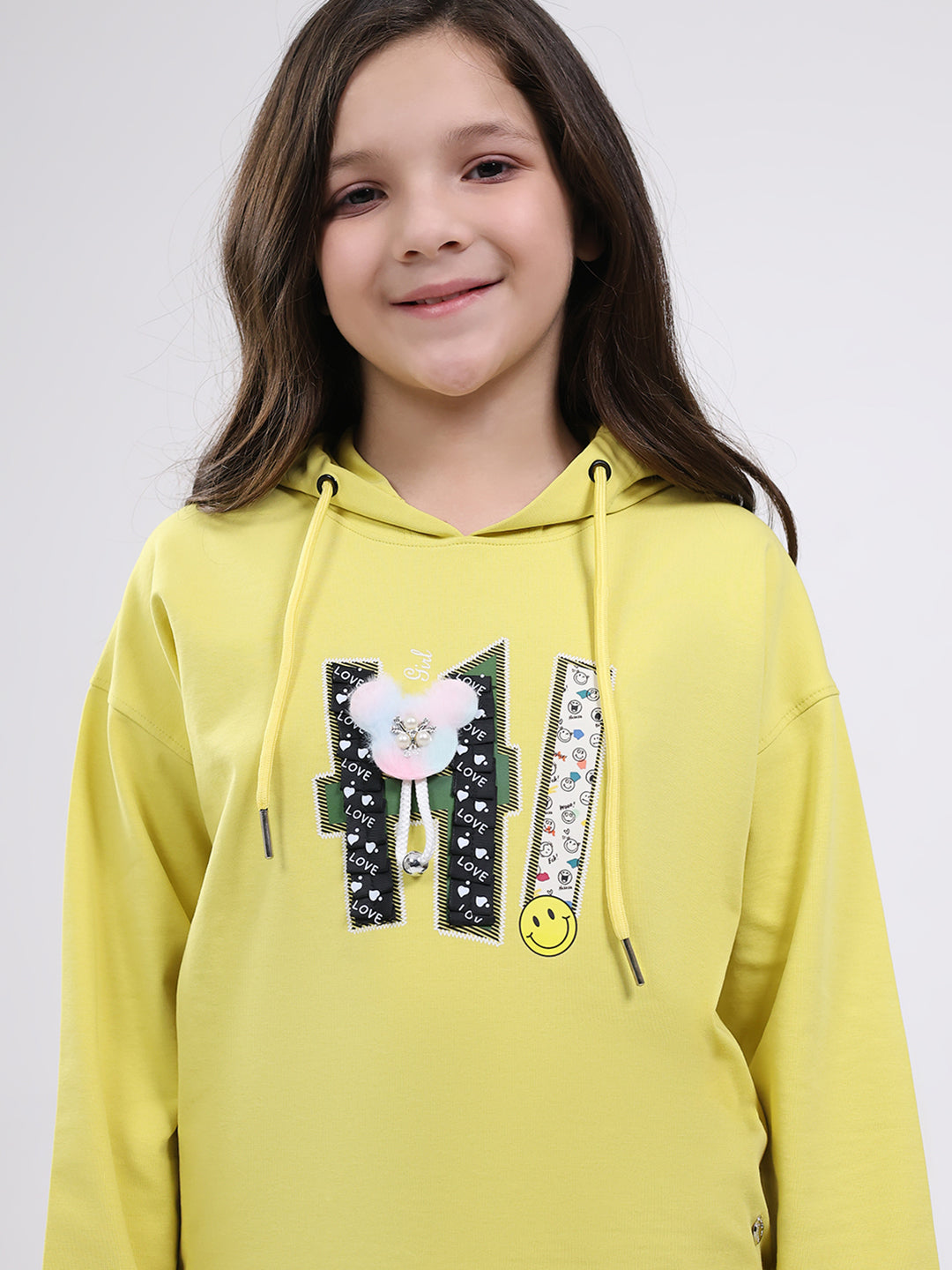 Girls Yellow Printed Hooded Full Sleeve Cords Set