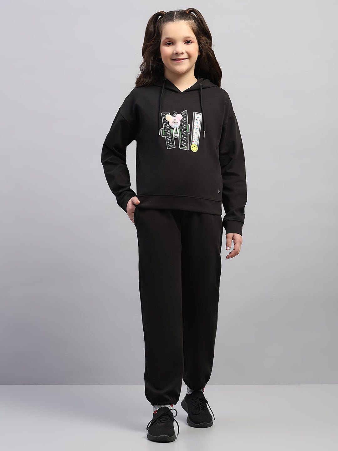 Girls Black Printed Hooded Full Sleeve Cords Set
