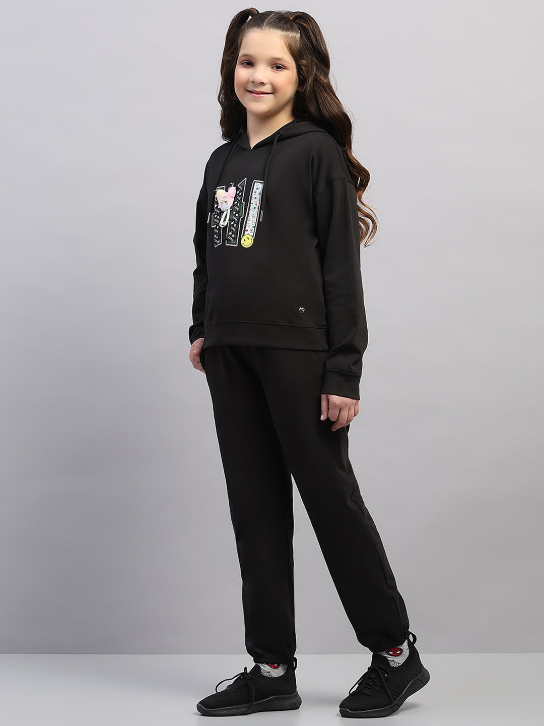 Girls Black Printed Hooded Full Sleeve Cords Set