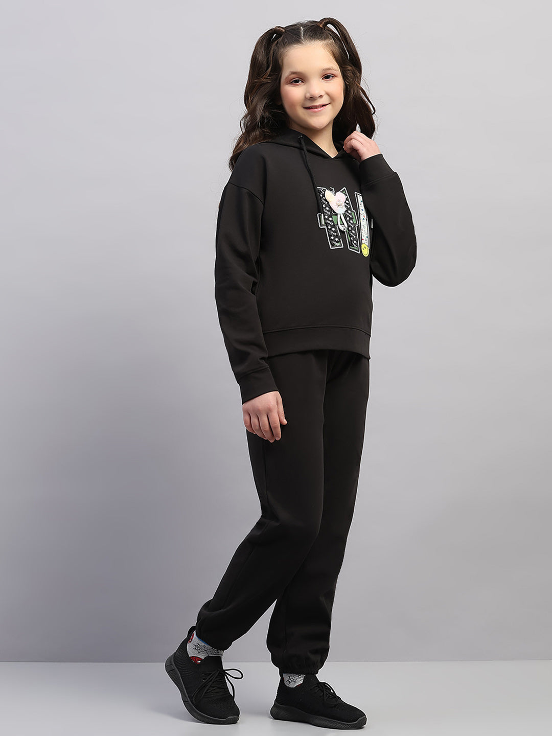 Girls Black Printed Hooded Full Sleeve Cords Set