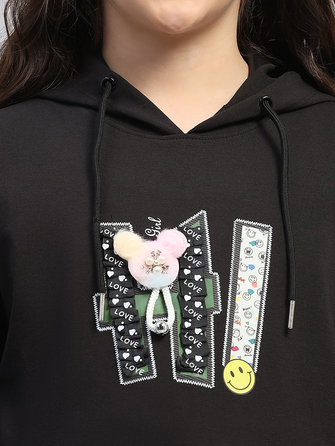 Girls Black Printed Hooded Full Sleeve Cords Set