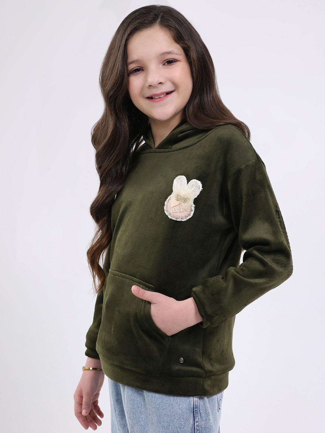 Girls Olive Solid Hooded Full Sleeve Sweatshirt