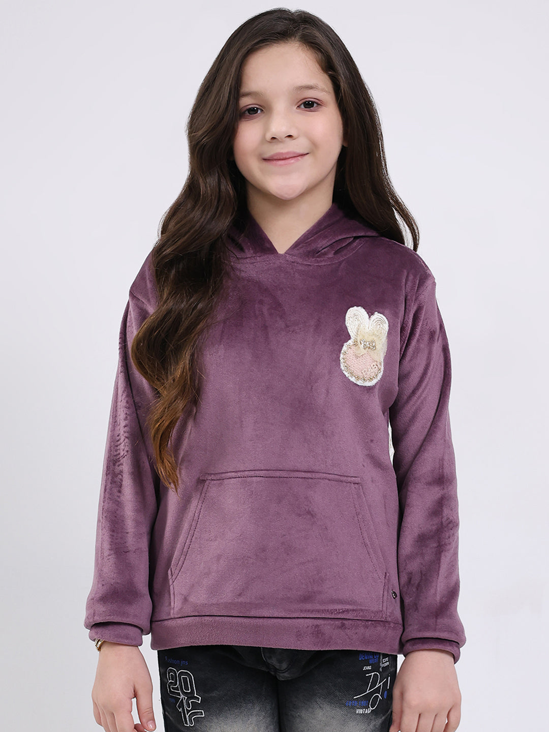 Girls Purple Solid Hooded Full Sleeve Sweatshirt