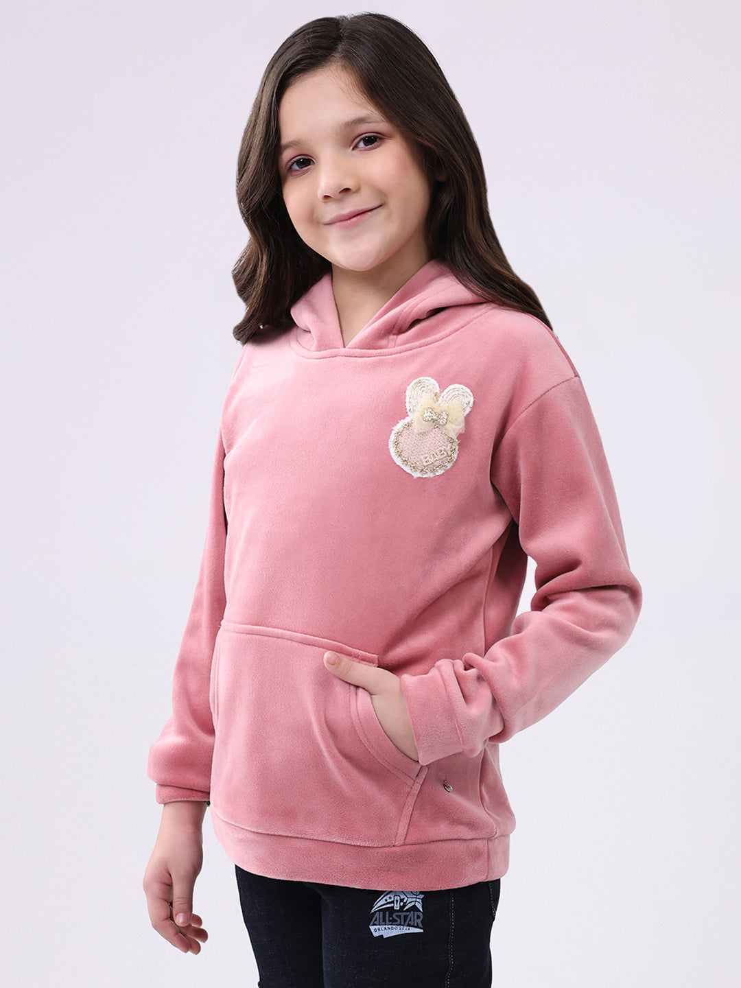 Girls Peach Solid Hooded Full Sleeve Sweatshirt