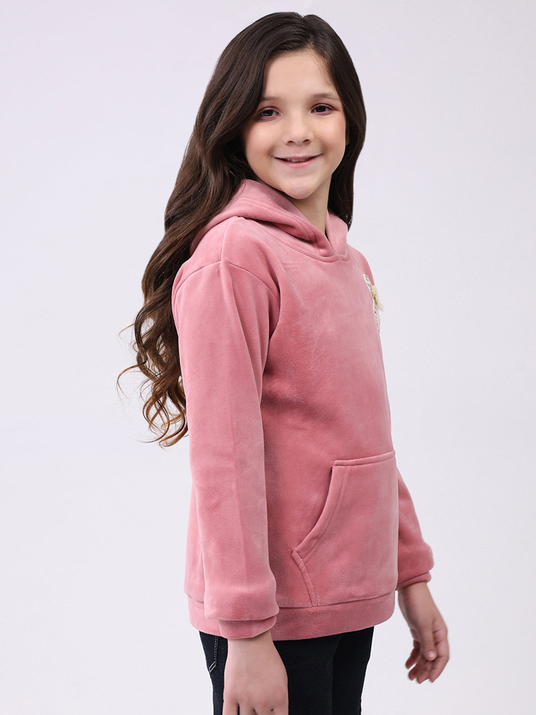 Girls Peach Solid Hooded Full Sleeve Sweatshirt