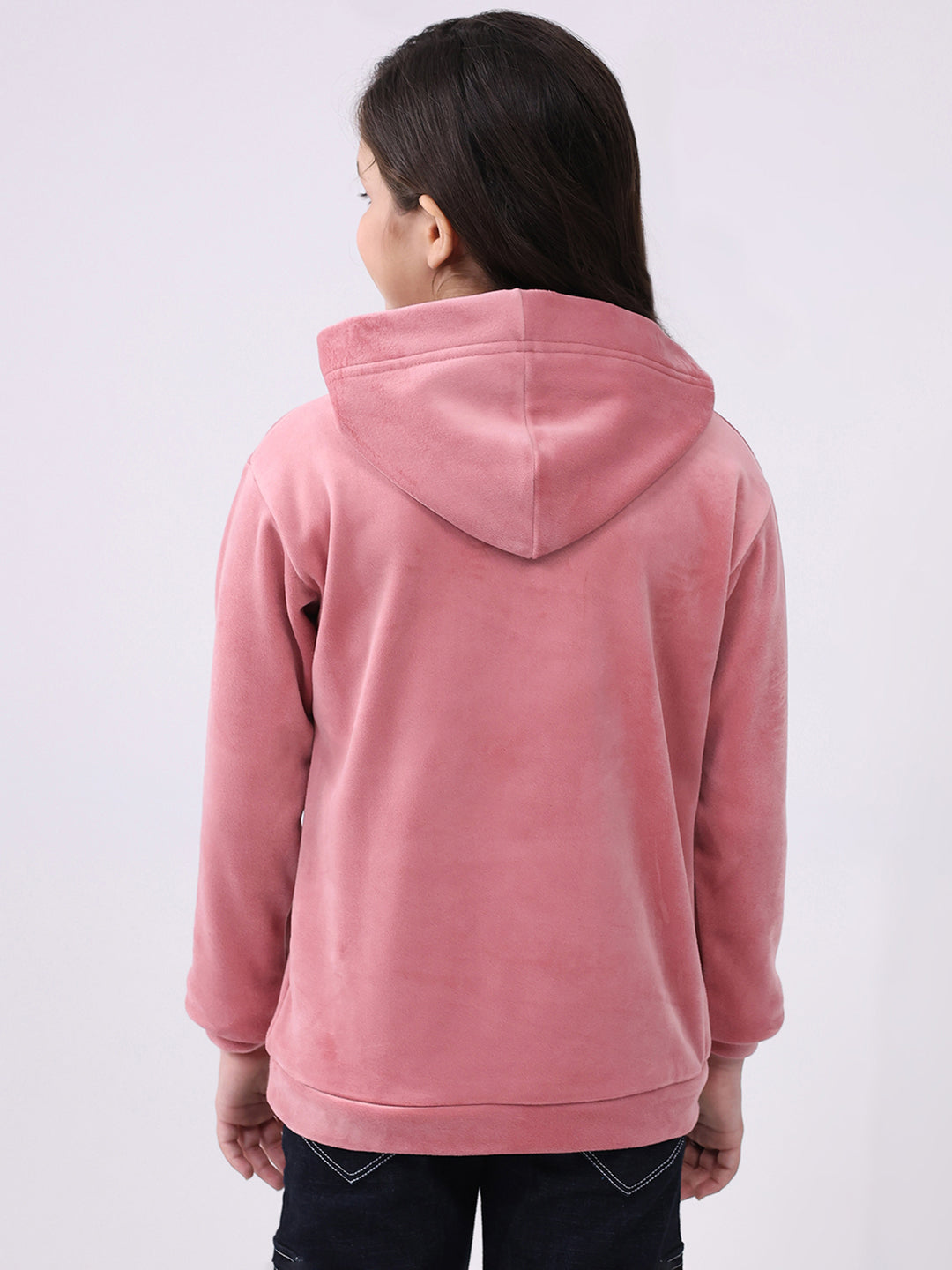 Girls Peach Solid Hooded Full Sleeve Sweatshirt