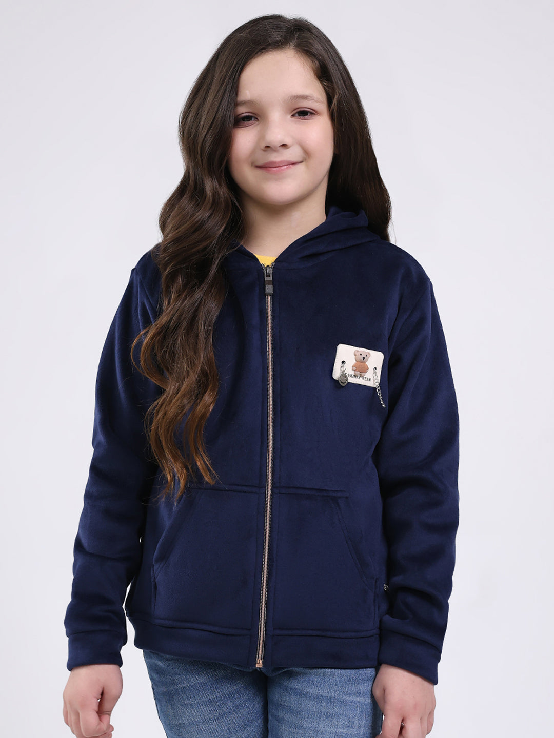 Girls Navy Blue Printed Hooded Full Sleeve Sweatshirt