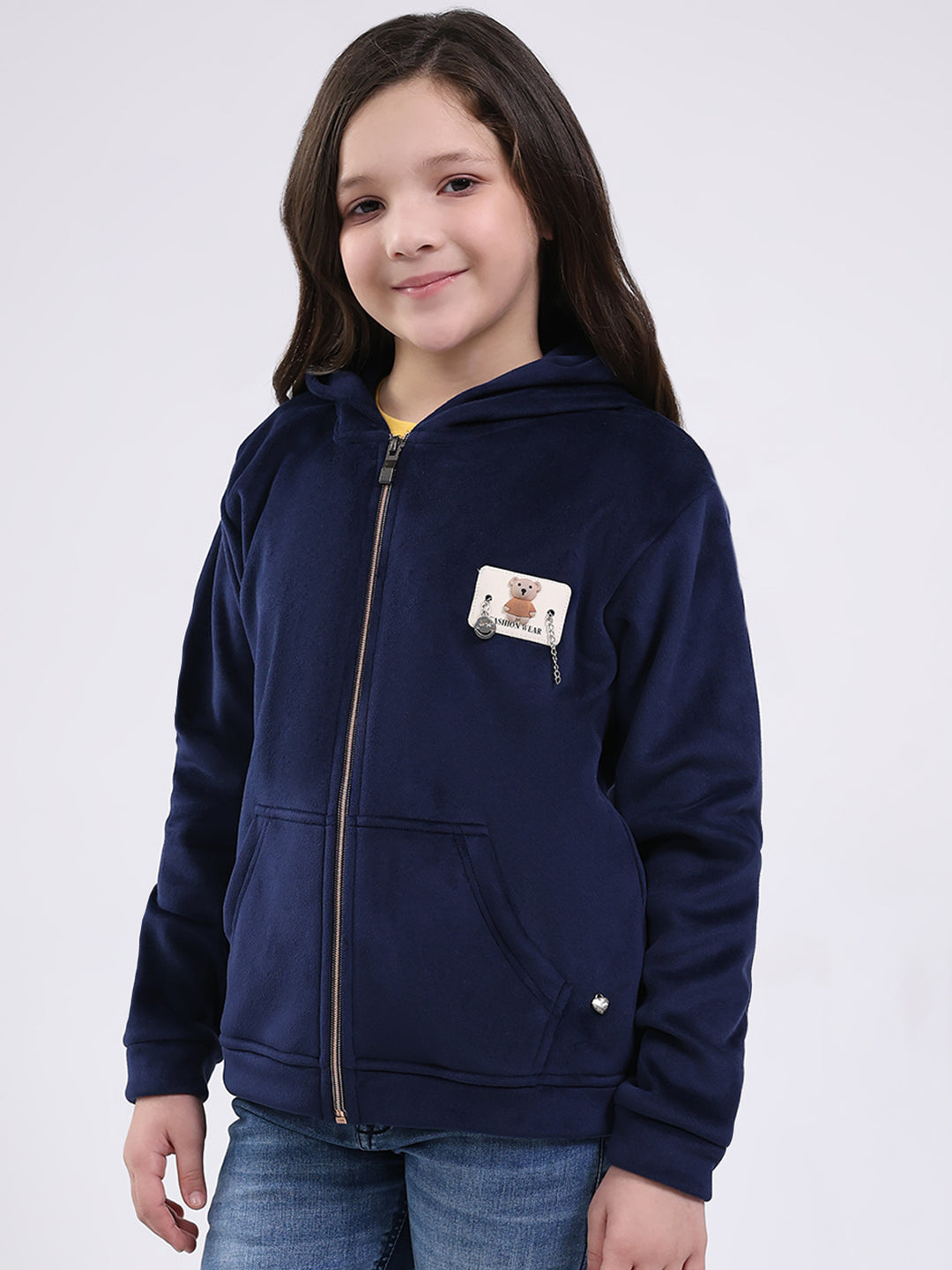 Girls Navy Blue Printed Hooded Full Sleeve Sweatshirt