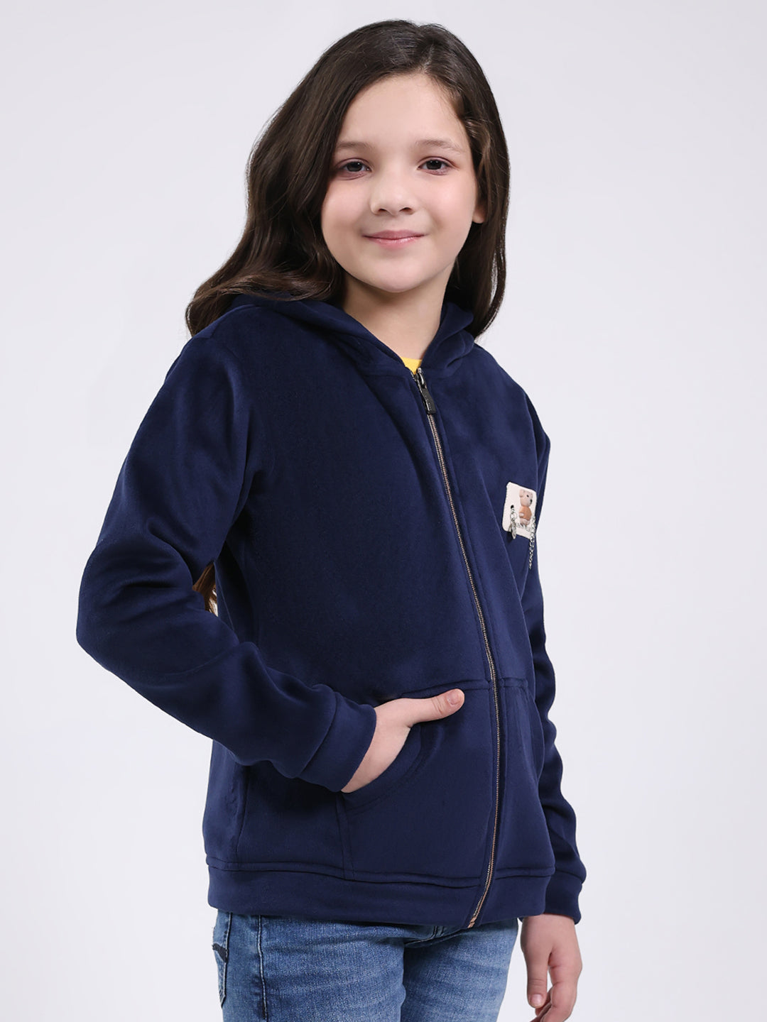 Girls Navy Blue Printed Hooded Full Sleeve Sweatshirt