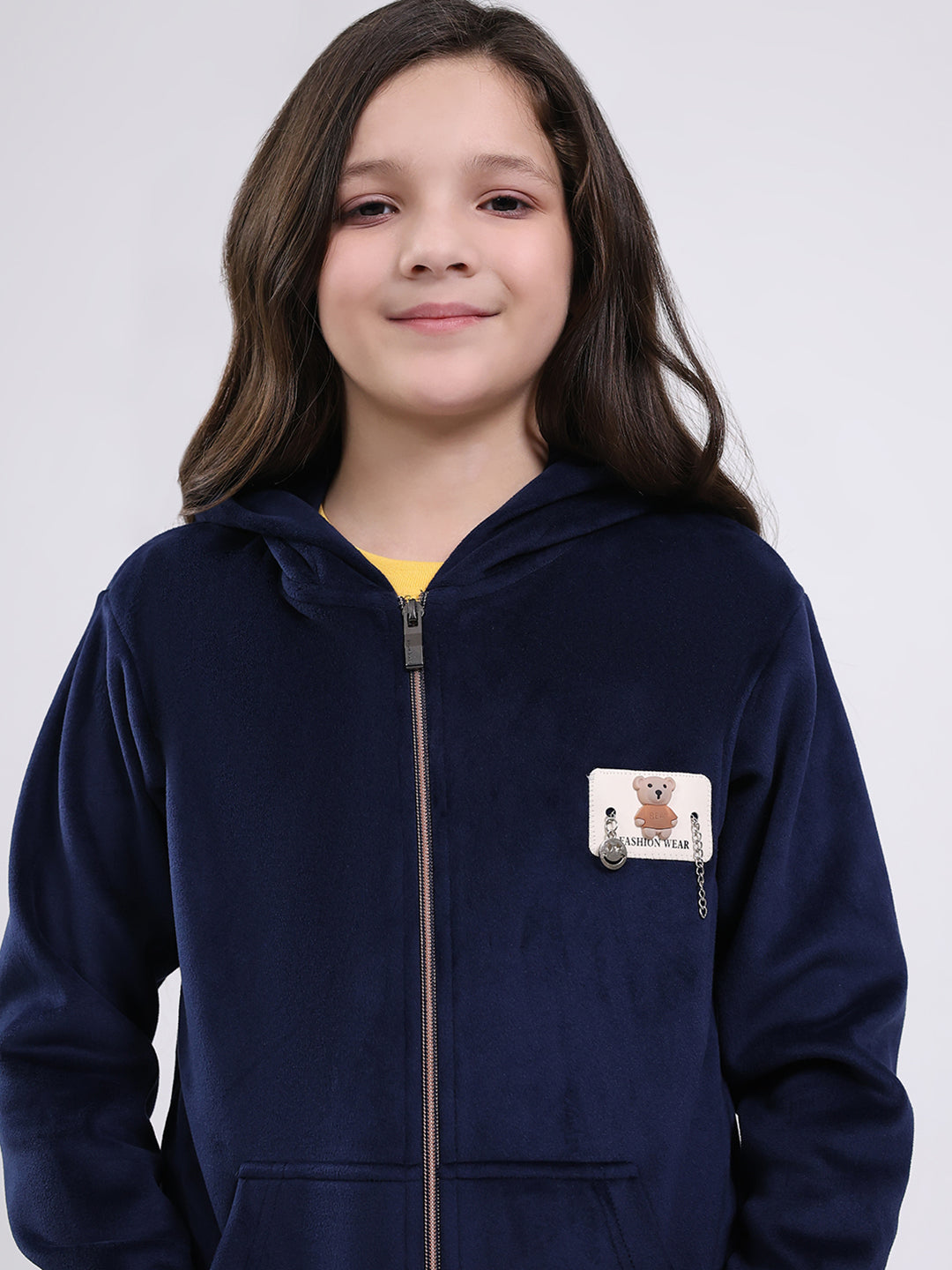 Girls Navy Blue Printed Hooded Full Sleeve Sweatshirt