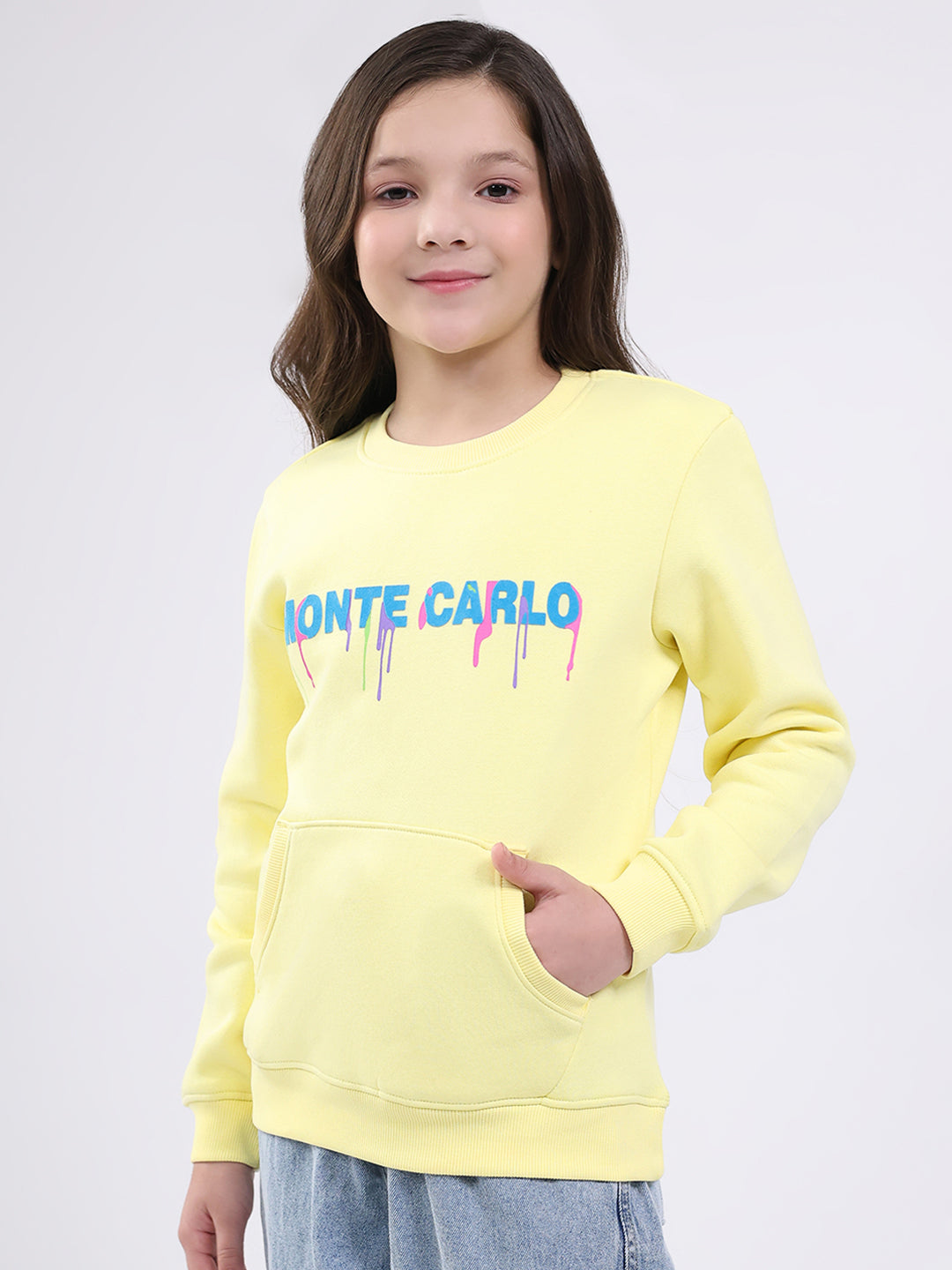 Girls Yellow Printed Round Neck Full Sleeve Sweatshirt