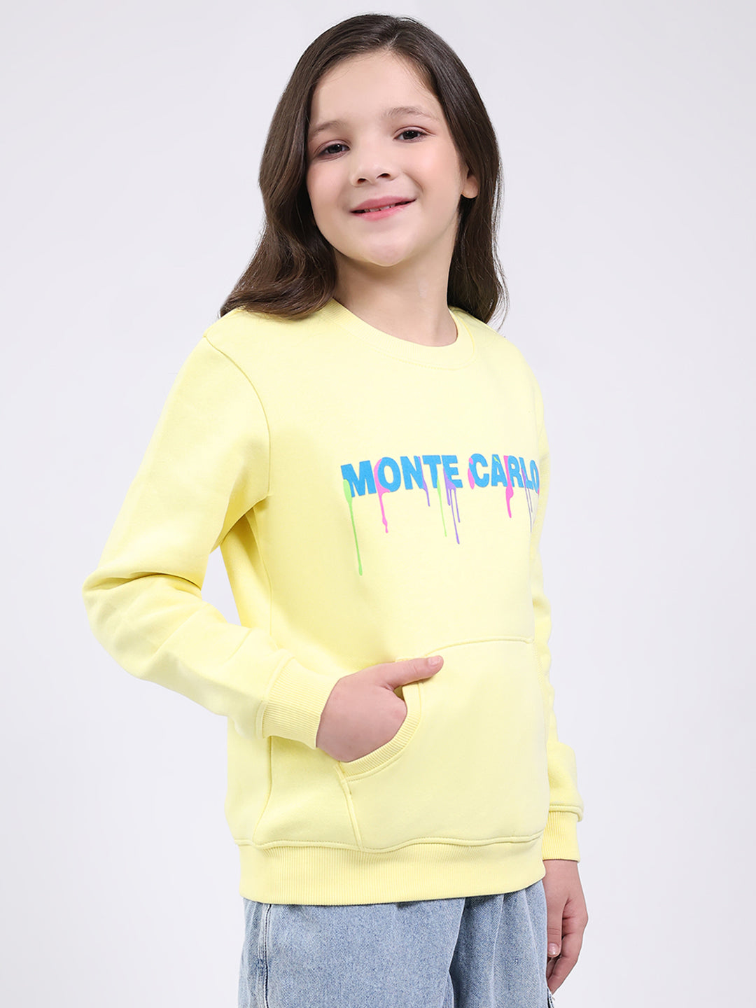 Girls Yellow Printed Round Neck Full Sleeve Sweatshirt