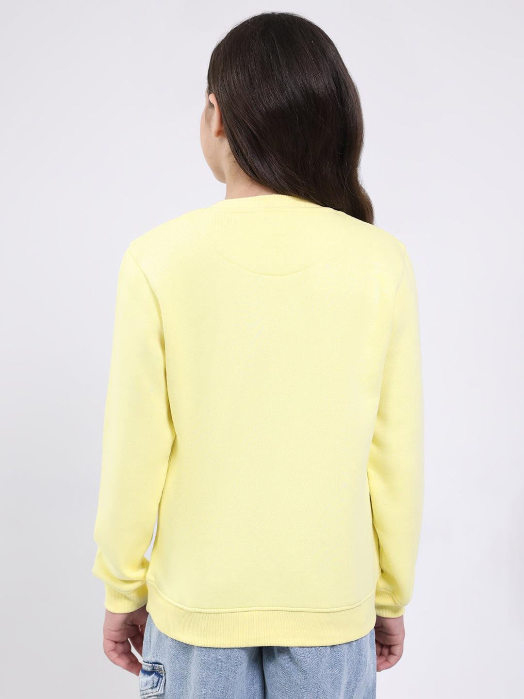 Girls Yellow Printed Round Neck Full Sleeve Sweatshirt