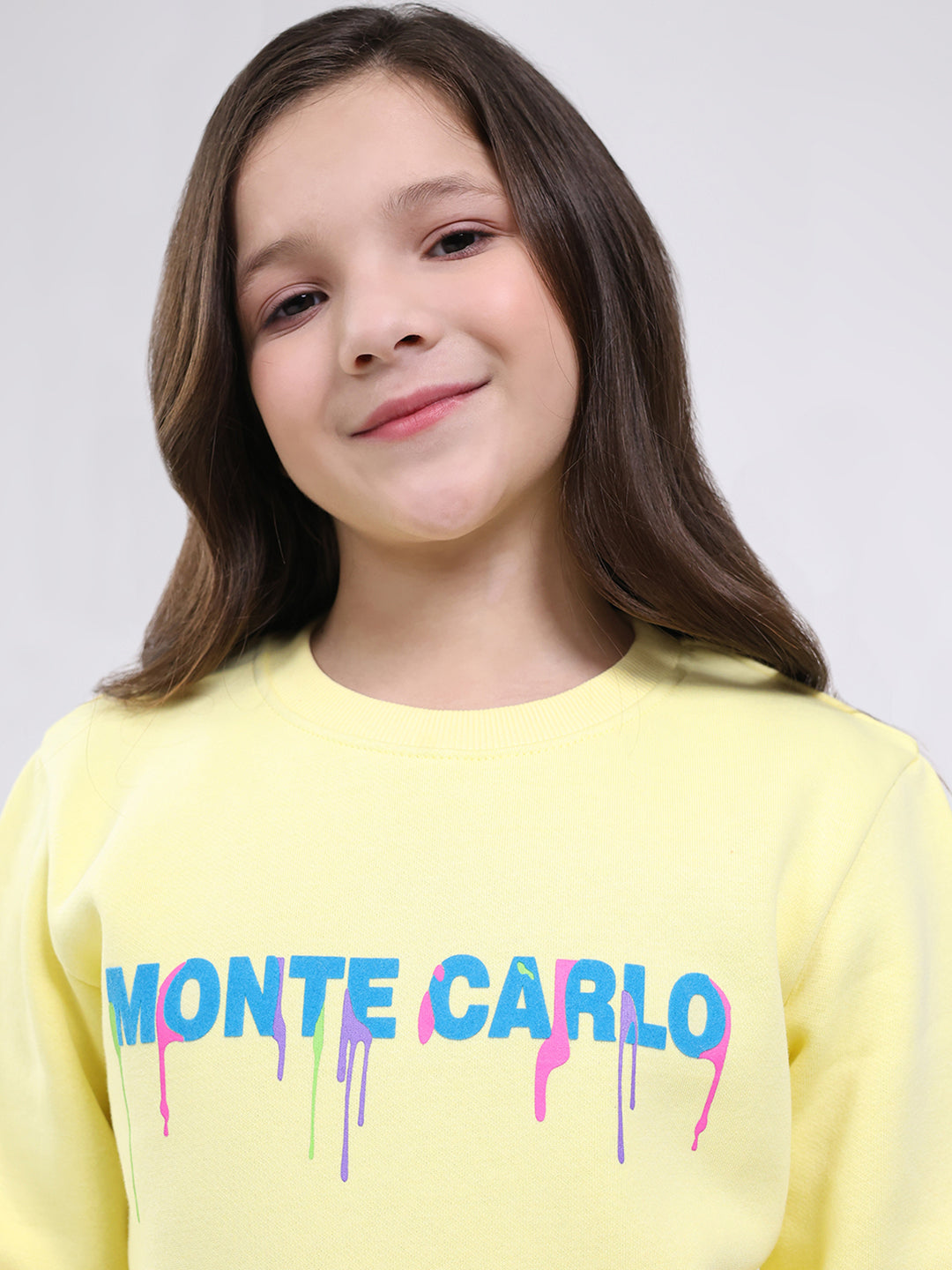 Girls Yellow Printed Round Neck Full Sleeve Sweatshirt