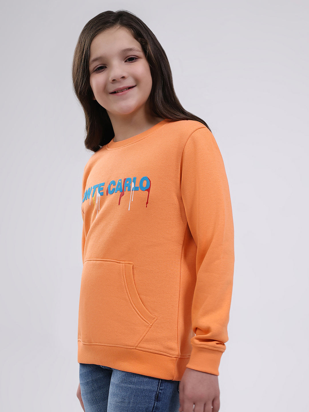 Girls Orange Printed Round Neck Full Sleeve Sweatshirt
