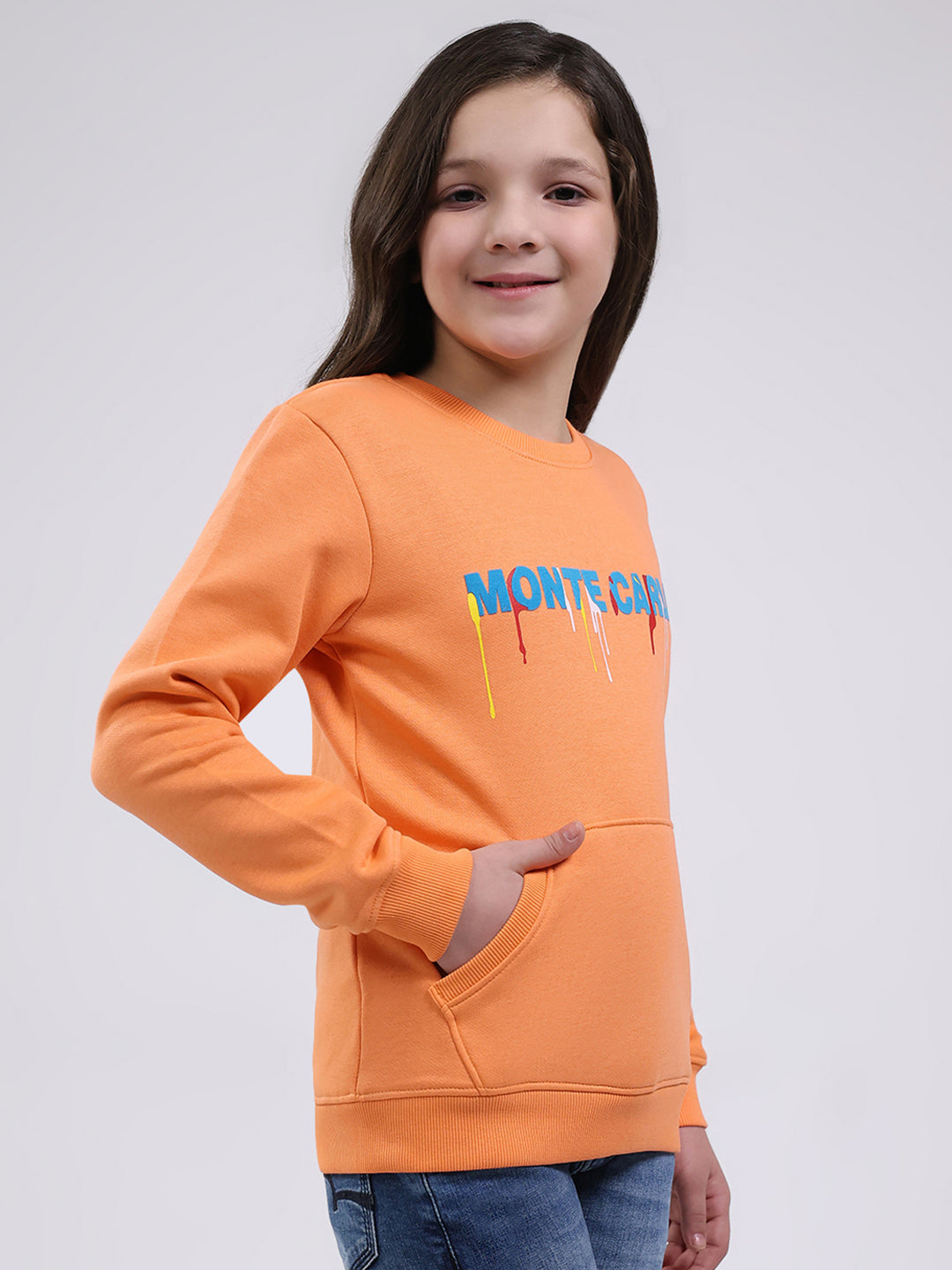 Girls Orange Printed Round Neck Full Sleeve Sweatshirt