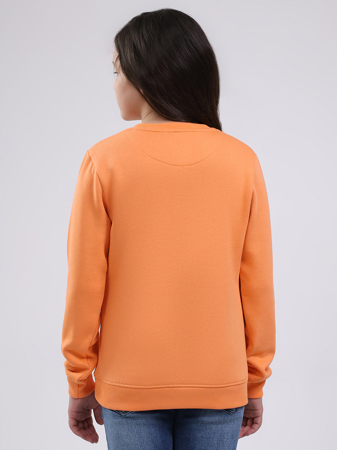 Girls Orange Printed Round Neck Full Sleeve Sweatshirt