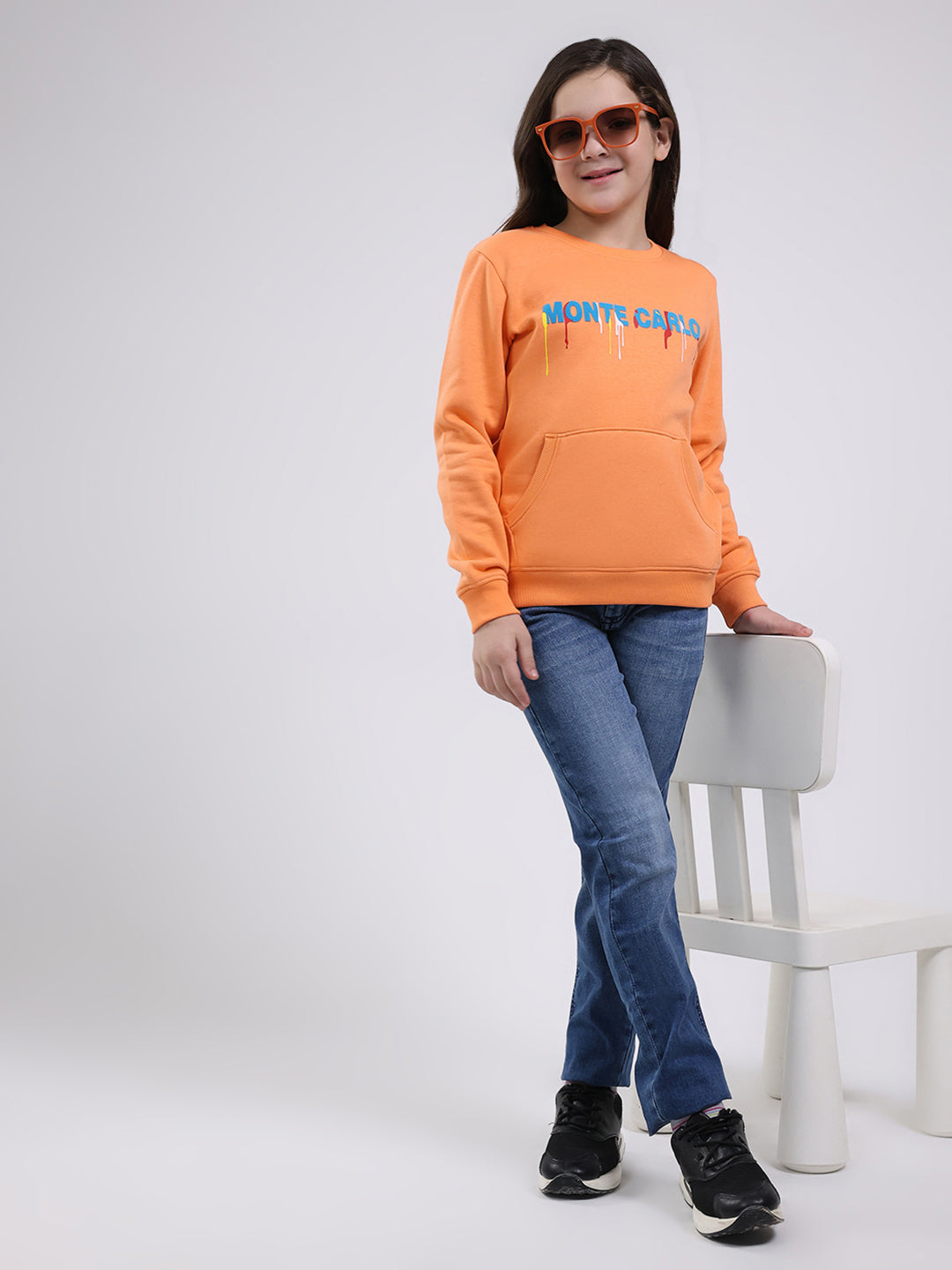 Girls Orange Printed Round Neck Full Sleeve Sweatshirt