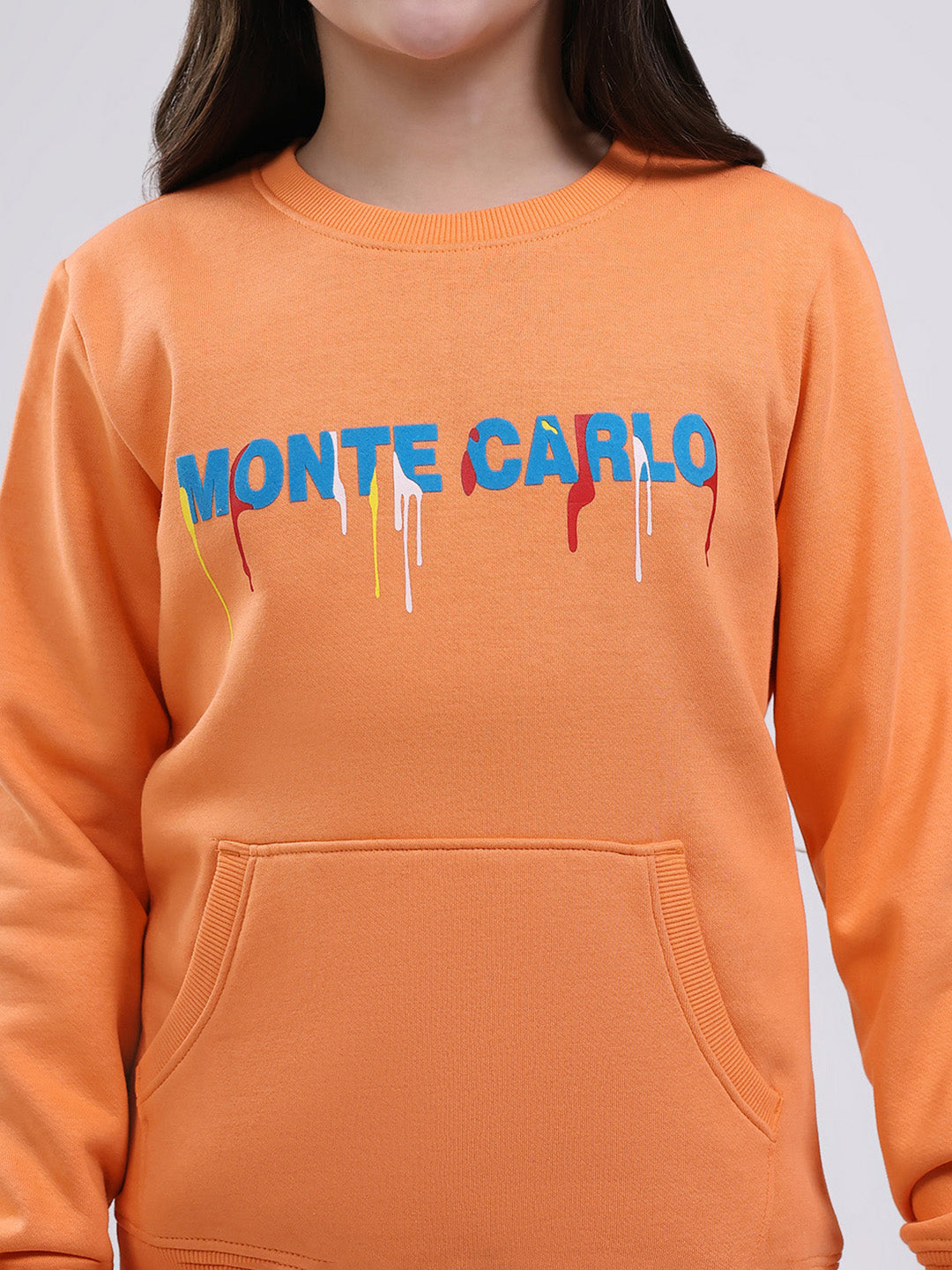 Girls Orange Printed Round Neck Full Sleeve Sweatshirt