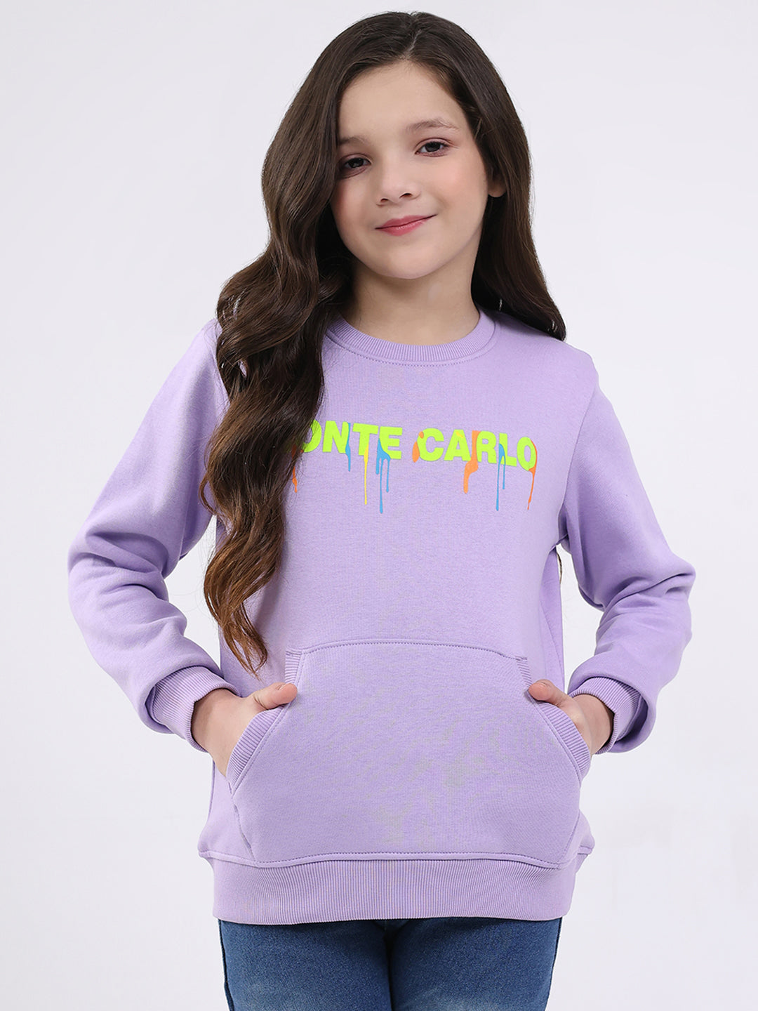 Girls Purple Printed Round Neck Full Sleeve Sweatshirt