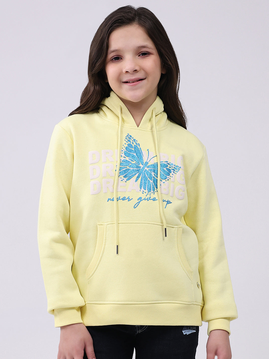 Girls Yellow Printed Hooded Full Sleeve Sweatshirt