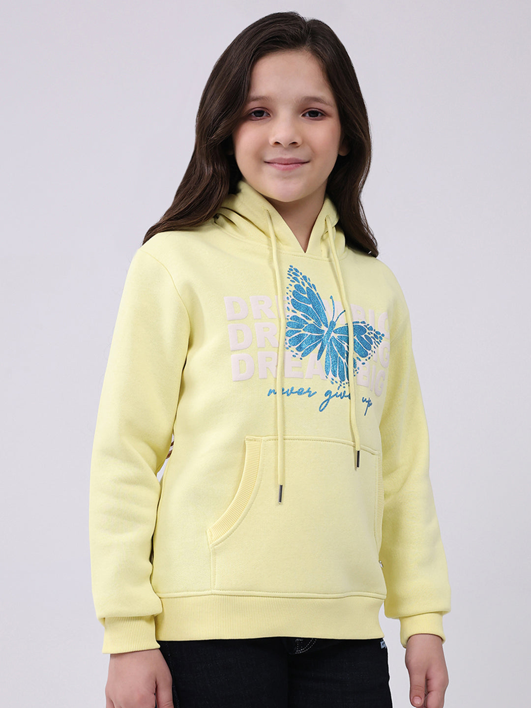 Girls Yellow Printed Hooded Full Sleeve Sweatshirt
