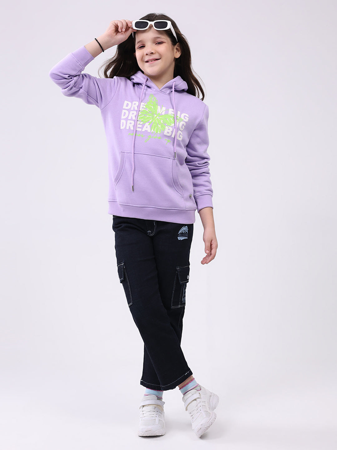 Girls Purple Printed Hooded Full Sleeve Sweatshirt