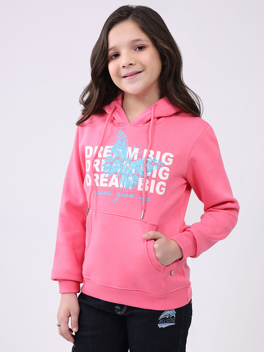 Girls Pink Printed Hooded Full Sleeve Sweatshirt