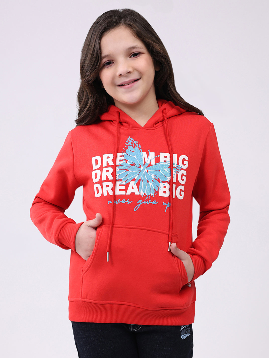 Girls Red Printed Hooded Full Sleeve Sweatshirt