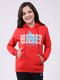 Girls Red Printed Hooded Full Sleeve Sweatshirt
