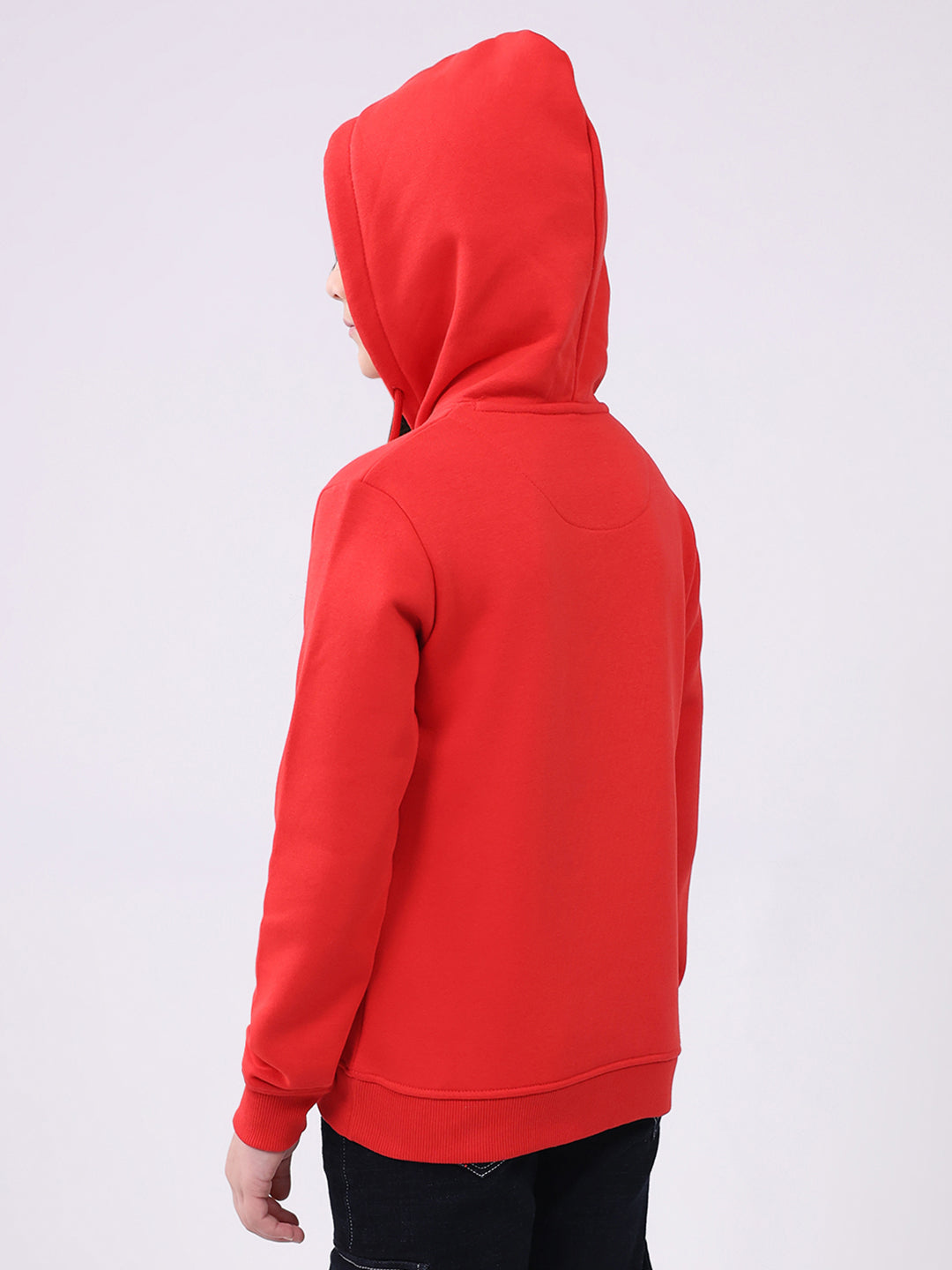 Girls Red Printed Hooded Full Sleeve Sweatshirt