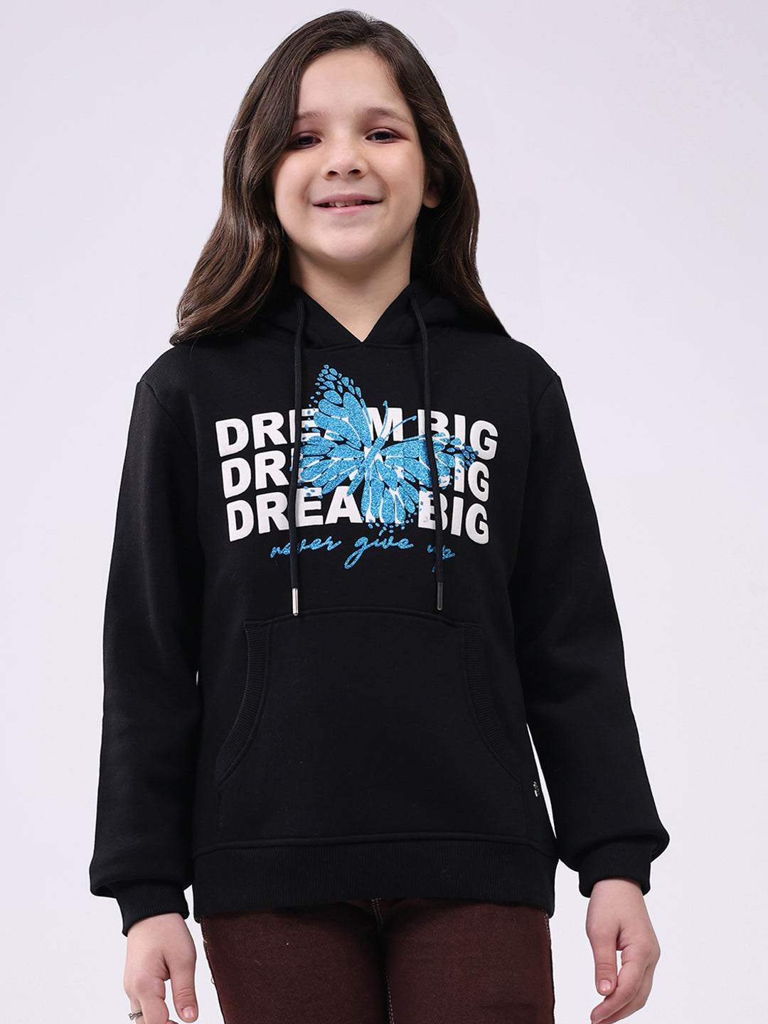 Girls Black Printed Hooded Full Sleeve Sweatshirt