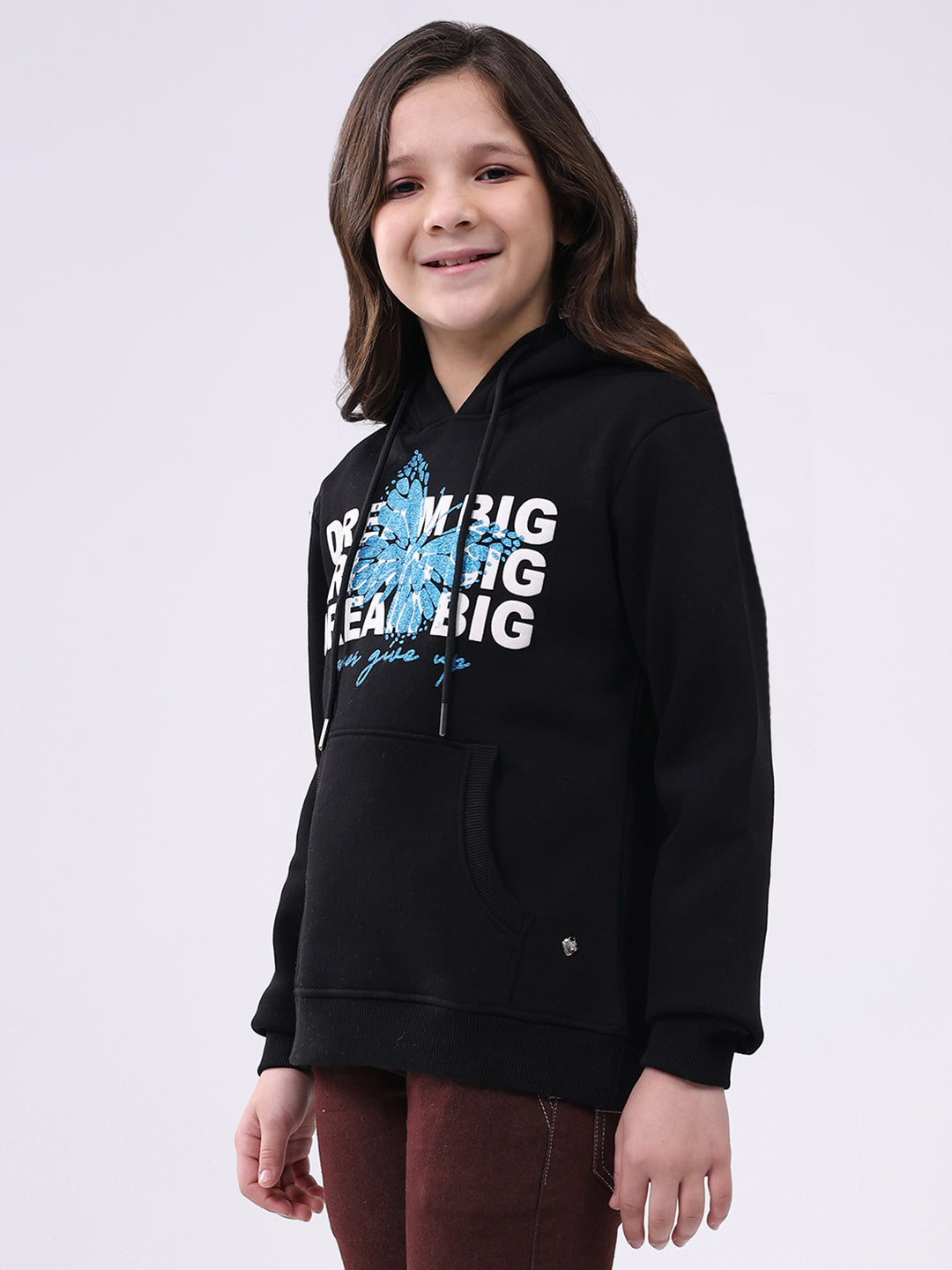 Girls Black Printed Hooded Full Sleeve Sweatshirt