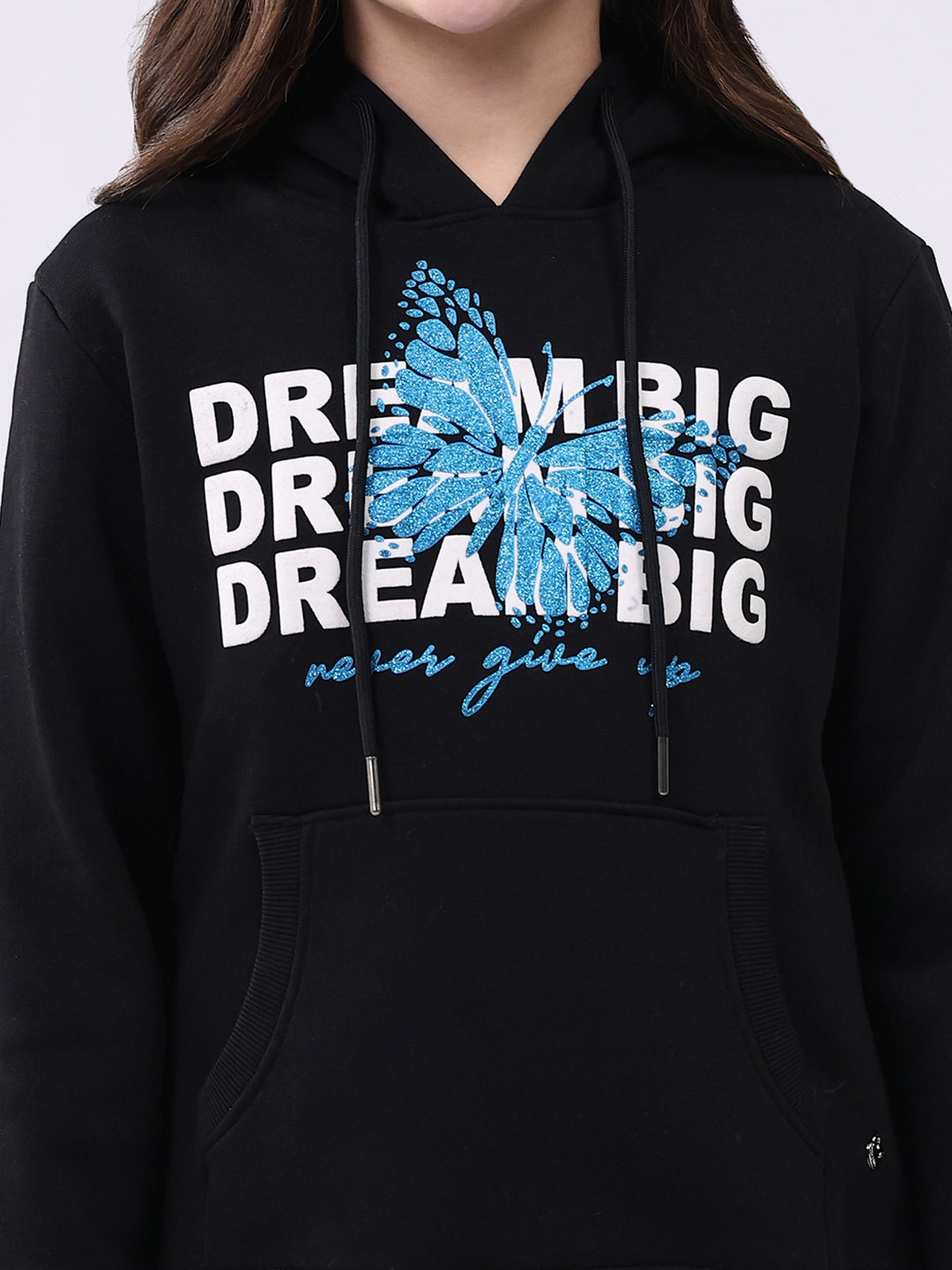 Girls Black Printed Hooded Full Sleeve Sweatshirt