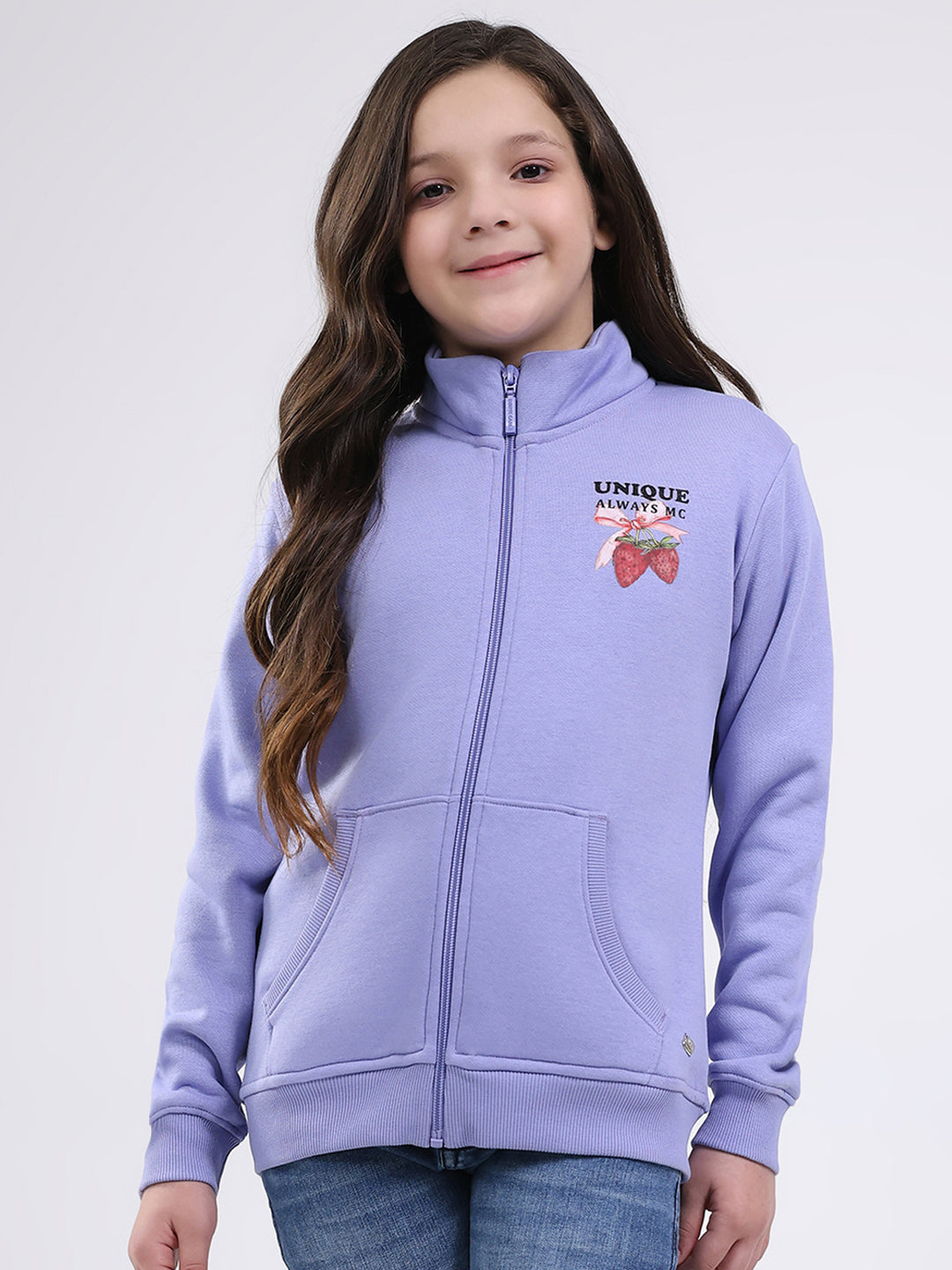 Girls Purple Printed Mock Neck Full Sleeve Sweatshirt